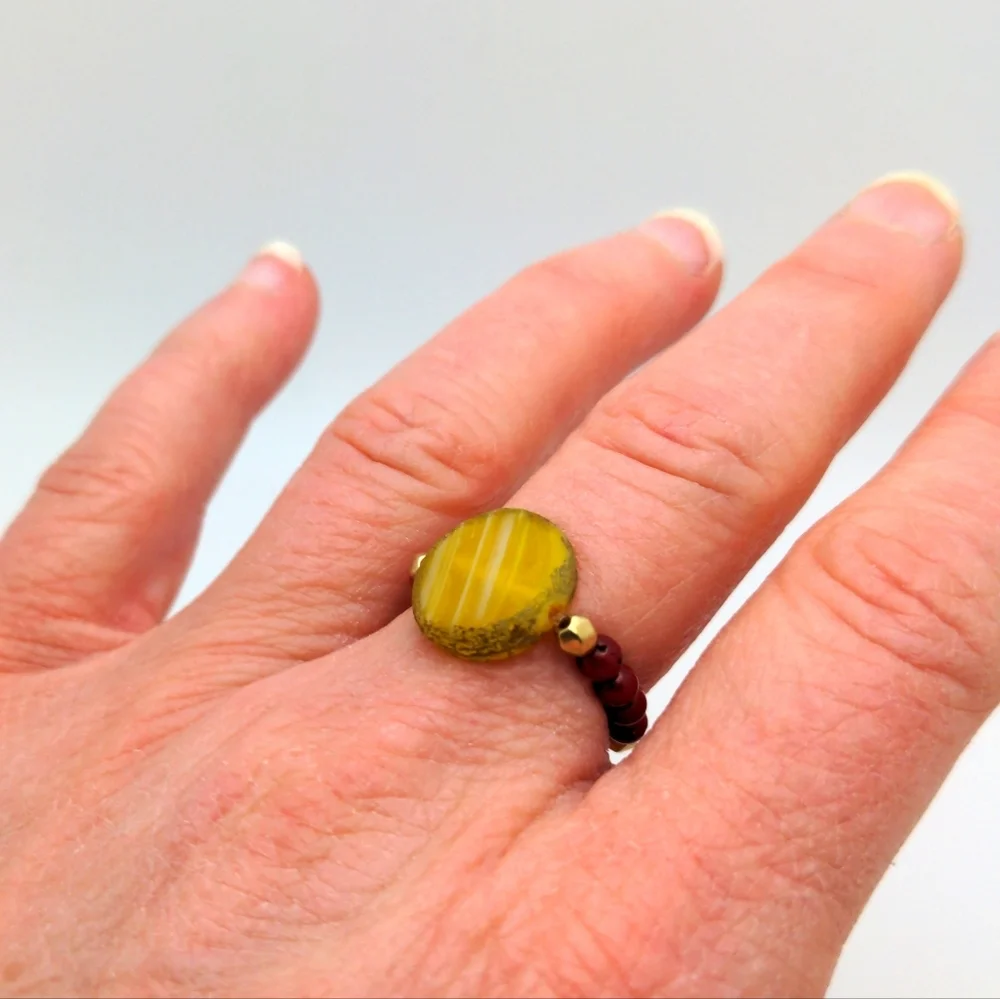 Yellow Medallion Seed Bead Ring